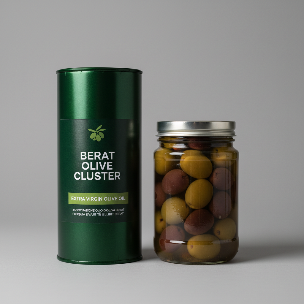A minimalist, photographic close-up of a cluster-branded dark green tin container of extra virgin olive oil and a clear glass jar filled with glossy, brine-cured table olives, placed side by side on a neutral grey background. The container features a clean, professional label with the Berat Olive Cluster name in both Italian and Albanian. Soft studio lighting from the left creates crisp yet gentle shadows and emphasizes the rich green and deep purple tones of the olives. Shot at a slightly elevated angle with shallow depth of field, the image feels modern, trustworthy, and suitable for a non-profit promotional site about olive products.