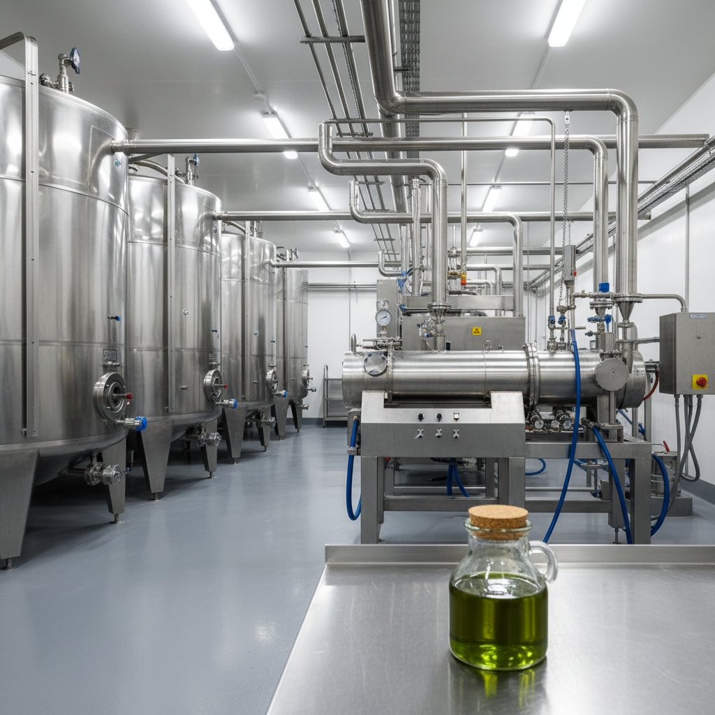 A stainless-steel olive oil mill interior in photographic realism, featuring polished modern machinery for cold pressing extra virgin olive oil. Large cylindrical tanks, clean pipes, and a horizontal decanter dominate the frame, all gleaming under bright, evenly distributed industrial lighting. In the foreground, a transparent glass sampling jar contains vivid green freshly pressed oil, placed on a spotless metal work surface. The composition is centered with a slight perspective angle leading the eye into the processing line. The mood is highly professional, hygienic, and technologically advanced, illustrating the cluster’s commitment to quality and modern production standards.