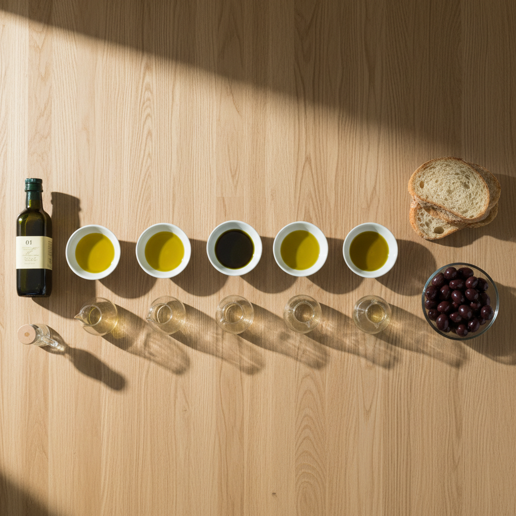 An overhead photographic shot of an elegant tasting setup featuring small white ceramic bowls filled with different shades of extra virgin olive oil from the Berat cluster, arranged in a neat line on a light oak wooden table. Each bowl is paired with a numbered dark green glass bottle and a small glass carafe for evaluation. To the side, slices of rustic country bread and a simple glass dish of table olives add context. Soft diffused daylight from a nearby window creates gentle highlights on the oil surface and subtle shadows, evoking a calm, professional, and analytical atmosphere ideal for illustrating quality assessment and tasting practices.