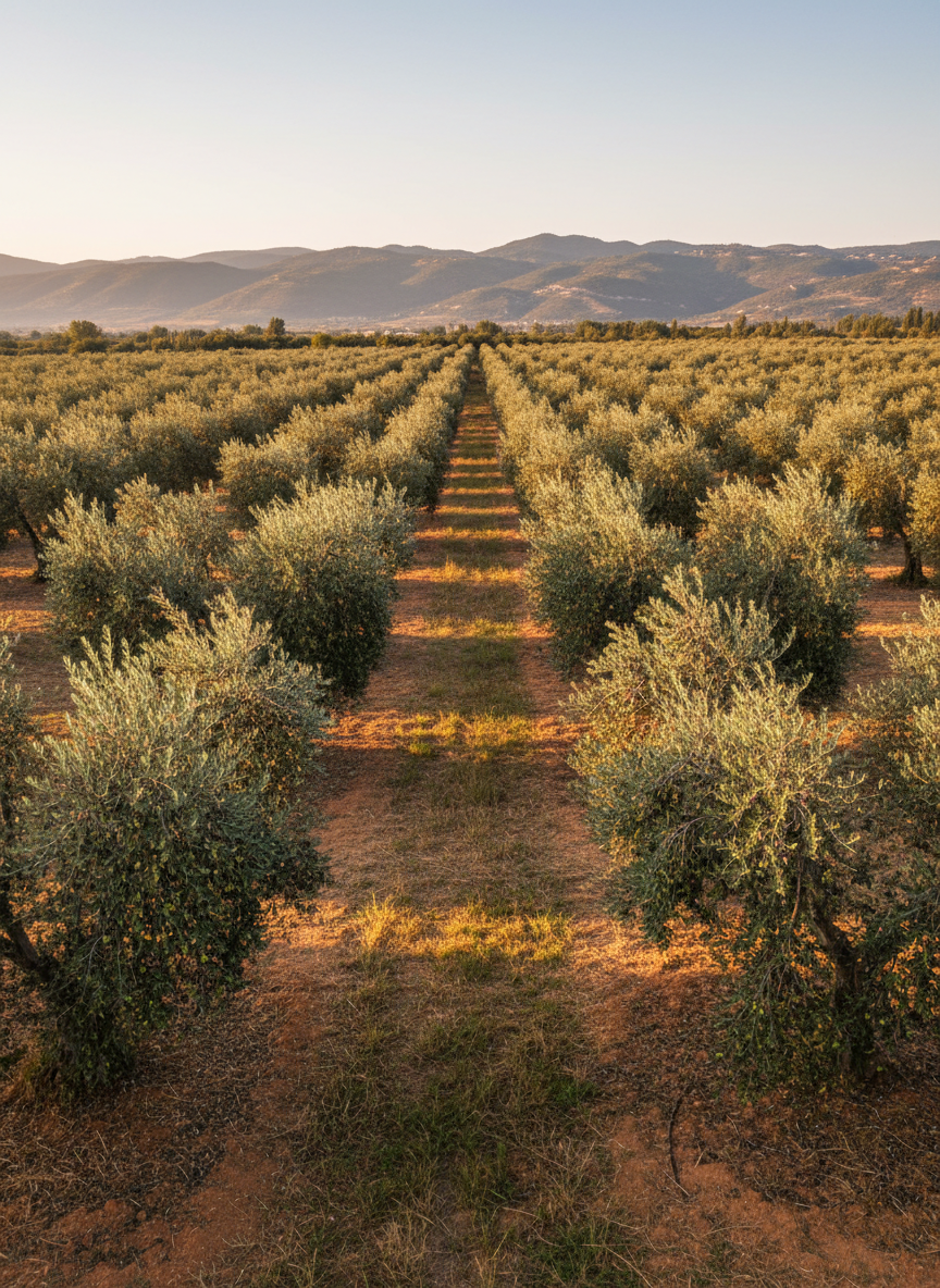 A wide photographic view of a traditional olive grove in the Berat region, with meticulously aligned rows of mature olive trees bearing lush silver-green foliage and clusters of ripening olives. The ground shows a mix of dry grass and tilled earth, with the distant silhouette of Berat’s hills under a clear late afternoon sky. Warm golden-hour sunlight casts long, soft shadows and adds a gentle glow to the leaves. Captured from a slightly elevated angle with sharp focus throughout, the image conveys a serene, professional atmosphere and emphasizes sustainable, organized cultivation for an olive-growing cluster.